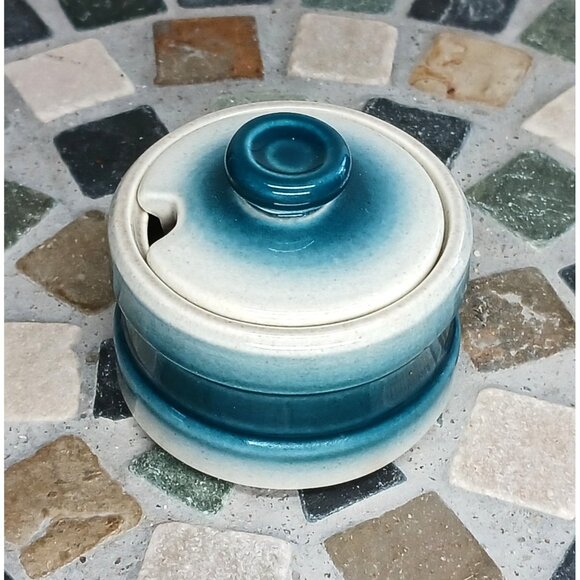 Wedgwood Blue Pacific Mustard Condiment Jar With Lid 2 Ounce Oven To Table - Picture 2 of 8